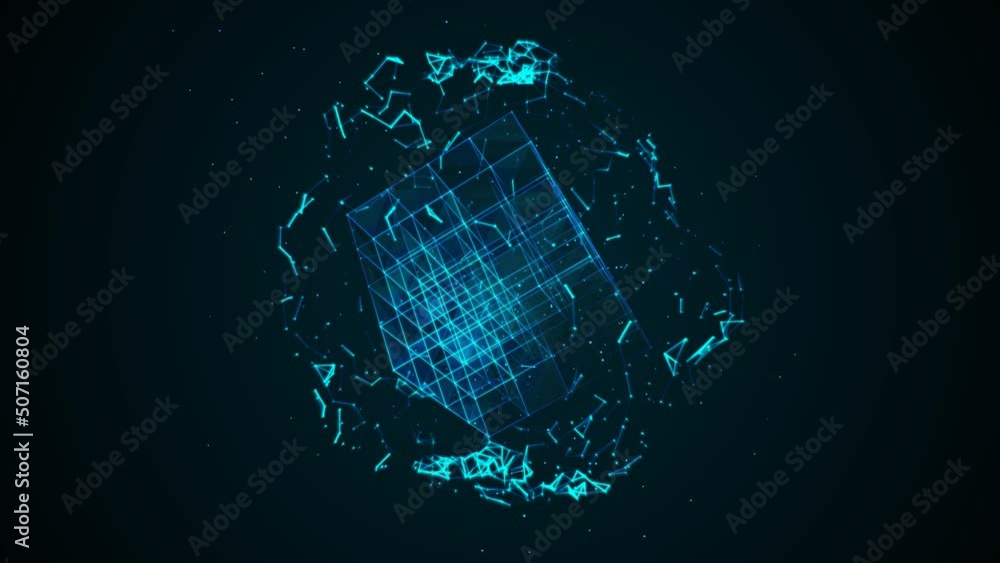 Aufkleber animated neon cube symbol in sphere. rotating digital matrix network. texture dots, lines, particles
