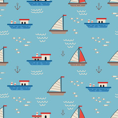 Vector sailboats and ships seamless pattern. Marine vector background. Nautical elements theme. Sea wallpaper. For children designs, textiles, packaging.