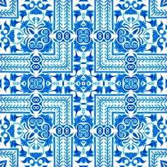 Blue white watercolor azulejos tile background. Seamless coastal geometric floral mosaic effect. Ornamental arabesque all over summer fashion damask repeat
