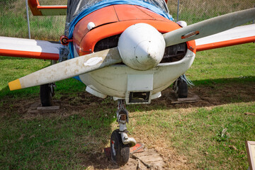 Norwich, Norfolk, UK – May 22 2022. Close up of a propeller on the wing of a small airplane