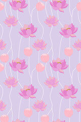 Seamless, repeat pattern,  Fat vector texture of pink pastel Lotus or  Water Lily flower image.