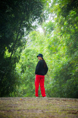 Thai woman leisure posed in the green forest in the morning.