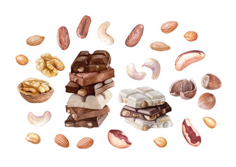 Set of watercolor nuts, dark, white chocolate isolated on white background. Walnut, cashew, pecan, cocoa beans, almond, peanuts, hazelnut.