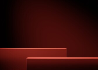 Obraz premium Red podium or pedestal on red background. Minimal empty background for product presentation. 3d render. Showcase template. Display mockup