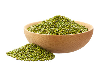 Mung beans in a wooden bowl isolated on white background.