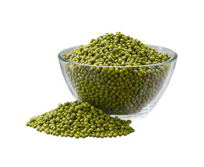Mung beans in a glass plate and scattered isolated on white background.