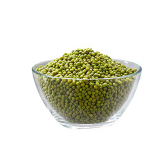 Mung beans in a clear glass bowl isolated on white background.