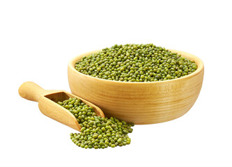 Mung beans in wooden scoop and bowl isolated on white background.
