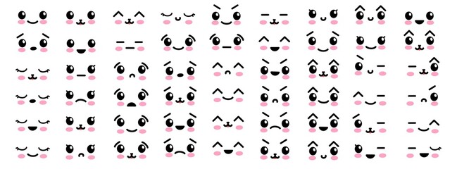 Kawaii cute faces. Manga style eyes and mouths. Funny cartoon japanese emotions in different expressions. For social networks. Expression anime character and emoticon face illustration, Big vector set
