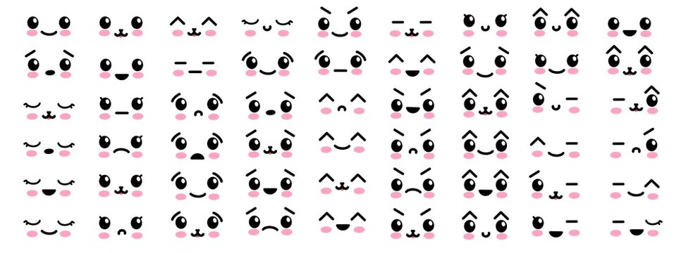 Kawaii cute faces. Manga style eyes and mouths. Funny cartoon japanese emotions in different expressions. For social networks. Expression anime character and emoticon face illustration, Big vector set