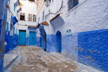 Street in medina of blue town Chefchaouen, Morocco.