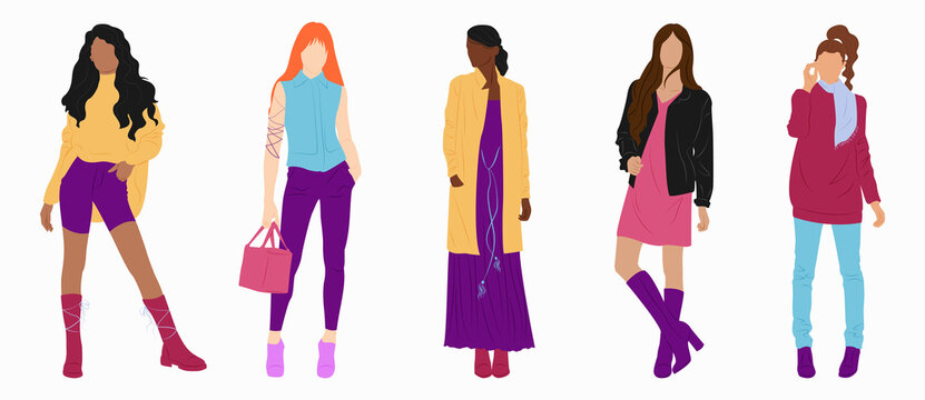 Set with stylish women in different clothes.
