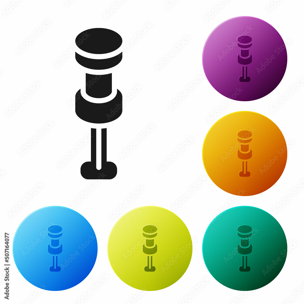 Poster black push pin icon isolated on white background. thumbtacks sign. set icons in color circle buttons