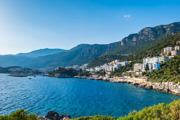 Fototapeta premium Kas landscape and sea view, a popular resort town near Antalya, Turkey. Kas cityscpae and landscape