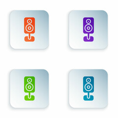Color Stereo speaker icon isolated on white background. Sound system speakers. Music icon. Musical column speaker bass equipment. Set colorful icons in square buttons. Vector