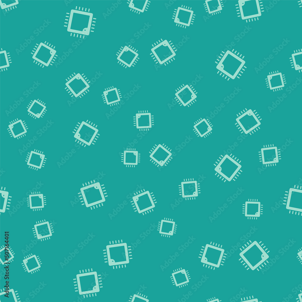 Poster Green Computer processor with microcircuits CPU icon isolated seamless pattern on green background. Chip or cpu with circuit board. Micro processor. Vector