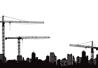 construction site and construction crane on white background.  buildings and construction cranes with city isolated on white background.