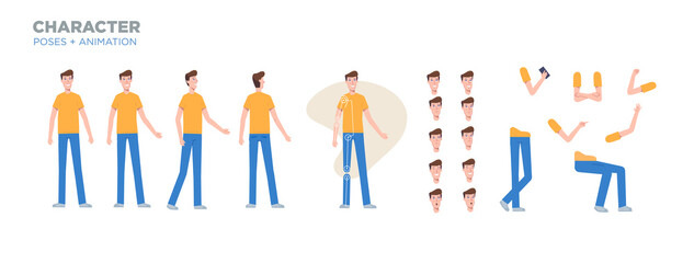 Young man character for animation. Creation set with various views, face emotions, poses and gestures.