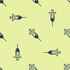 Blue Syringe icon isolated seamless pattern on yellow background. Syringe for vaccine, vaccination, injection, flu shot. Medical equipment. Vector
