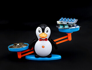 Children's scales in the form of a penguin, on one bowl of a coin on the other bowl of a tablet....