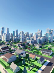Clean, modern suburban neighborhood with nice houses and green spaces. Digital 3D rendering.