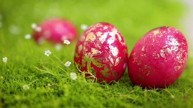 colorful easter eggs on fresh blooming grass. spring egg hunt