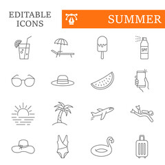 Fototapeta premium Summer line icon set, Travel vector collection, logo illustrations, Summer vector icons, outline style pictogram pack, tourism editable stroke icons.