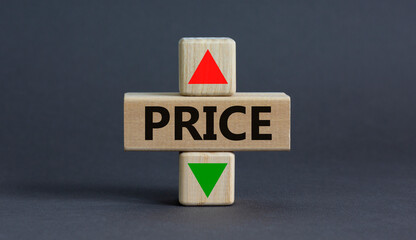 Price level symbol. A wooden cube with up icon. Wooden block with the concept word Price. Beautiful...