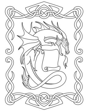 Dragon with a scroll in a frame of Celtic ornament - a vector linear picture for coloring. Outline. Fantasy coloring book with a fire-breathing dragon and an ornament