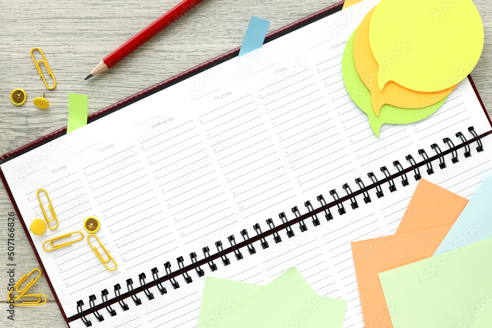 Poster notebook, open notepad. planner. pencil, sticky paper, ready to meet and write down an amazing idea