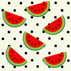 Watermelon slices on polka dot background. Seamless pattern.
