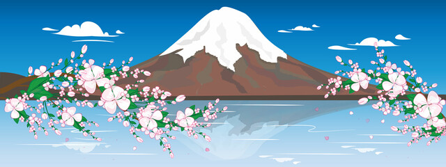 Illustration Fuji Mountain in Japan. Beautiful nature of snowy mountain with sakura blossoms. Japanese romantic place for. Illustration for any design and decoration