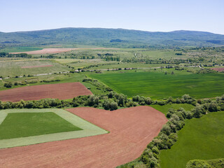 Spring Aerial view of rural land near town of Godech, Bulgaria