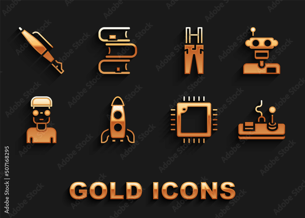 Poster set rocket ship, robot, gamepad, processor with cpu, nerd geek, pants suspenders, fountain nib and b