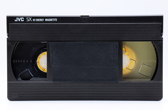 Bologna &ndash; Italy - February 22, 2022: JVC SX Hi-Energy Magnetite. Vintage VHS video tape cassette. Retro style technology isolated on white background.