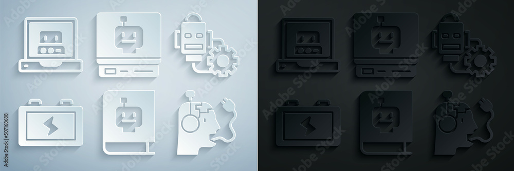 Poster set user manual, robot setting, battery, charging battery, and creating robot icon. vector