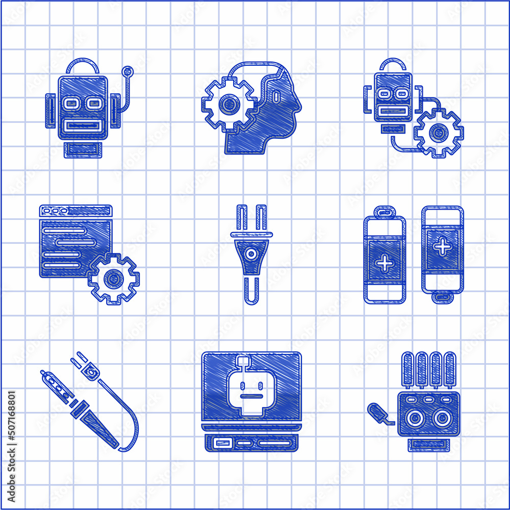 Poster set electric plug, robot, mechanical robot hand, battery, soldering iron, computer api interface, se