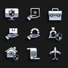 Set Lifebuoy in hand, Document with shield, Plane, Money, House, Delivery insurance, Briefcase and Location icon. Vector