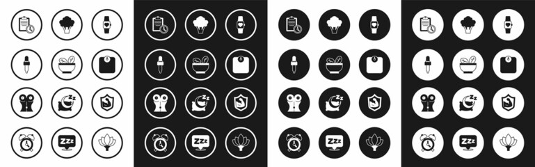 Set Smart watch, Salad in bowl, Pipette with oil, Sport training program, Bathroom scales, Broccoli, Bodybuilder muscle and Women waist icon. Vector