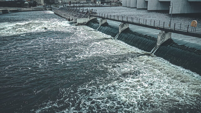 Aerial view of fox river in spring at dam