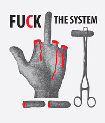 human hand with fuck the system with blood - obrazy, fototapety, plakaty