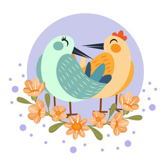 Isolated cute birds in love Floral frame Vector illustration