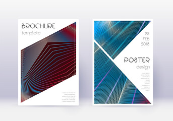 Triangle cover design template set. Red abstract lines on white blue background. Immaculate cover design. Artistic catalog, poster, book template etc.