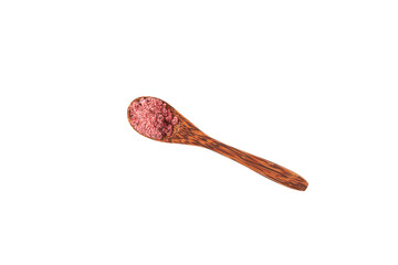 Turkish powdered fruit tea. Instant drink in wooden spoon isolated on white background