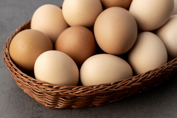 Farm chicken eggs. Lots of eggs in a wicker basket close up.