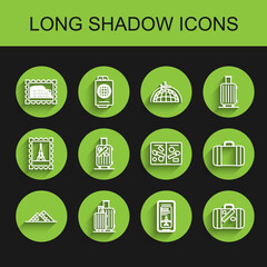 Set line Egypt pyramids, Suitcase for travel, Postal stamp and Coliseum, Smartphone with electronic boarding pass airline ticket, stickers, and Passport pages visa stamps icon. Vector