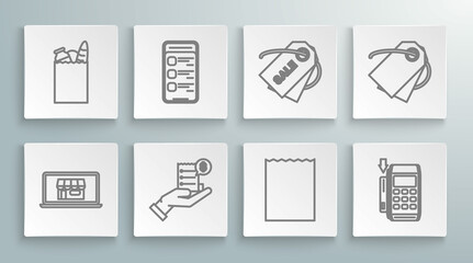 Set line Shopping building on screen laptop, Paper bag, Pos terminal inserted credit card, Price tag inscription Sale, Blank label template price and food icon. Vector
