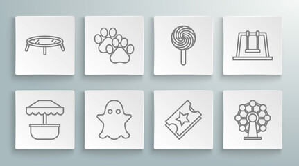 Set line Attraction carousel, Paw print, Ghost, Ticket, Ferris wheel, Lollipop, Swing and Jumping trampoline icon. Vector