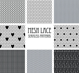 Set of eight seamless mesh lace patterns. - obrazy, fototapety, plakaty