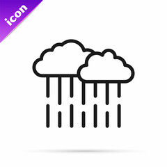 Black line Cloud with rain icon isolated on white background. Rain cloud precipitation with rain drops. Vector
